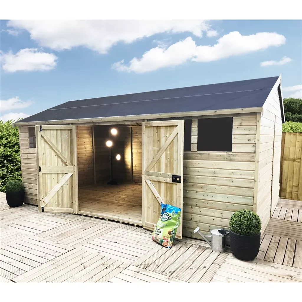 Timber workshop and garden building with double doors open